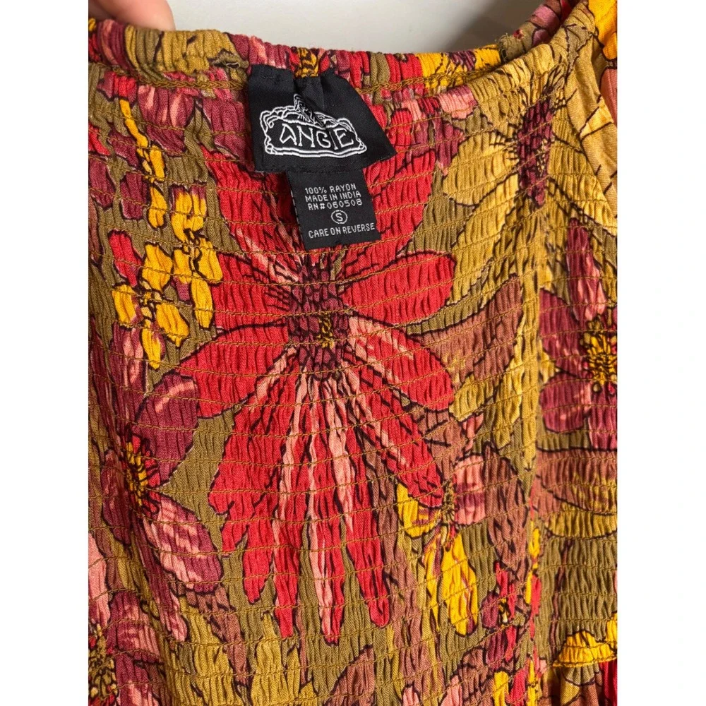 Angie Floral Smocked Maxi Dress S Yellow Red Boho Puff Sleeve Cottagecore - Picture 2 of 6